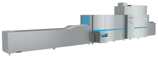 Flight type dishwashers with bubble tank